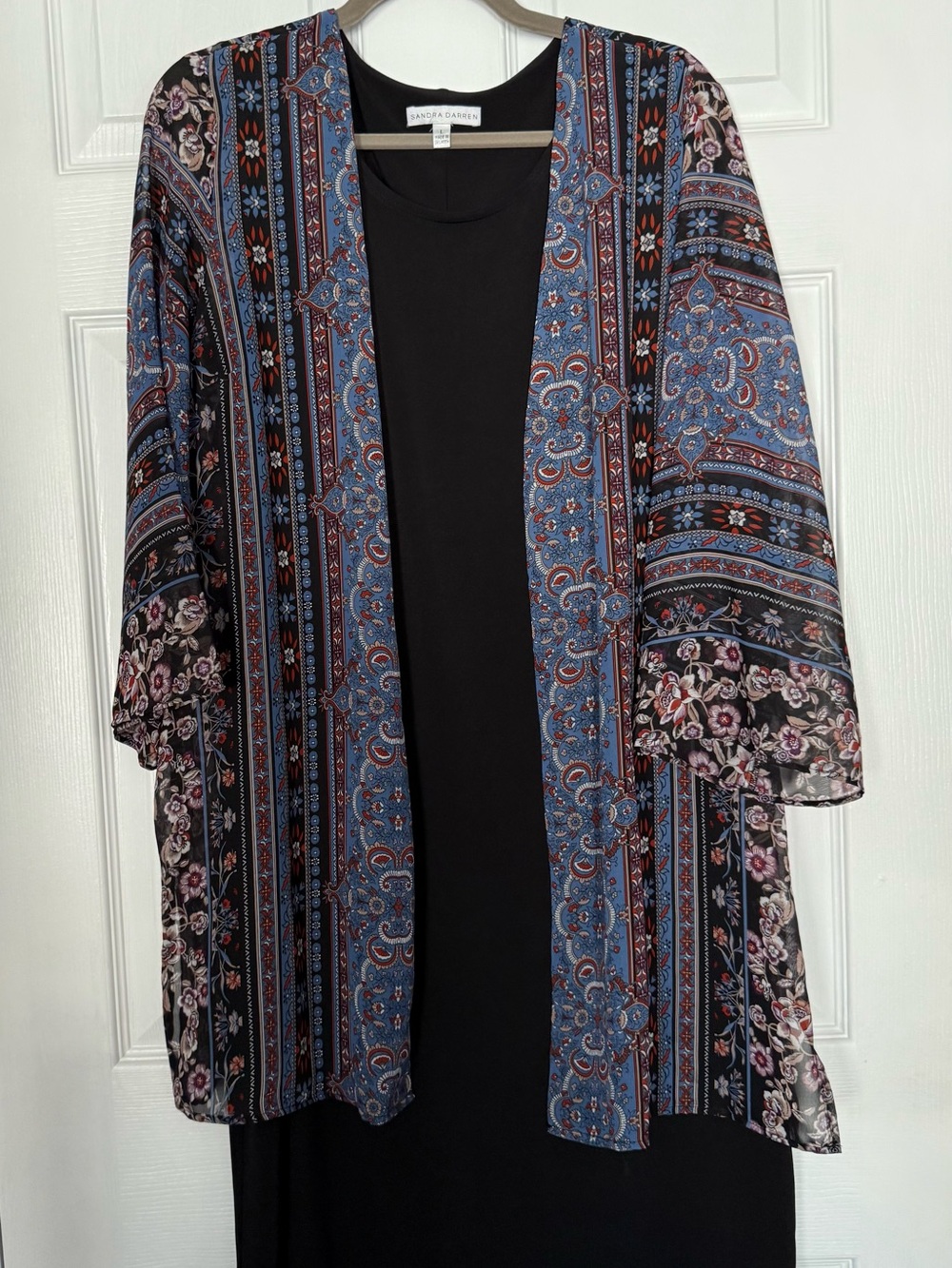 Sandra Darren Black Dress with Blue and Rust Floral Kimono
